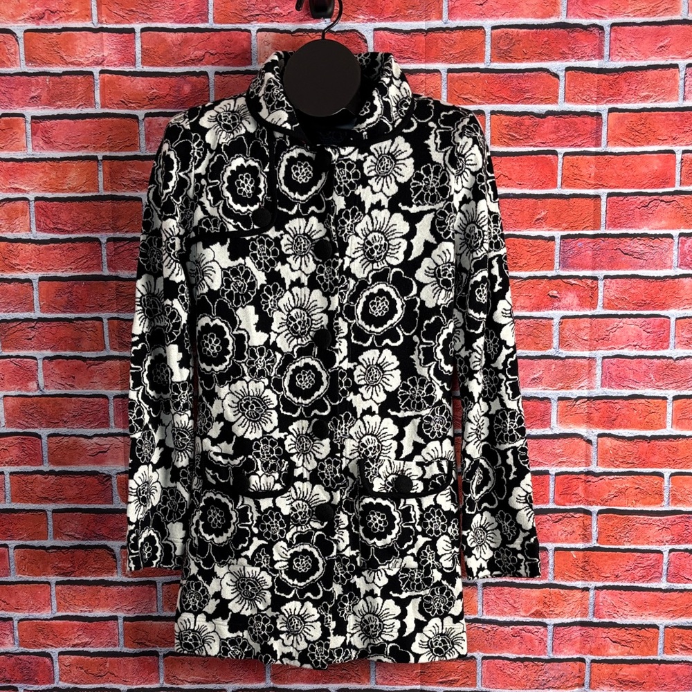 Michael Simon Black White Floral Long Knit Sweater Cardigan VTG READ‎ PLEASE